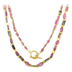 Green and Pink Tourmaline Gold Toggle Necklace