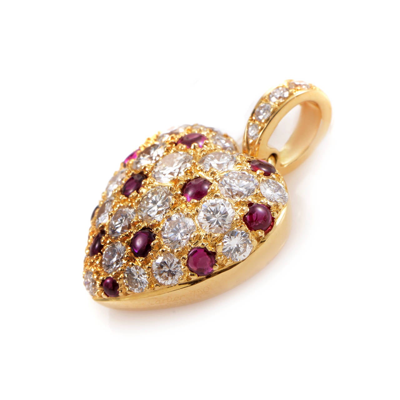 Sweet and sophisticated are the perfect ways to describe this pendant from Cartier. The heart-shaped pendant is made of 18K yellow gold and boasts a pave comprised of 0.80 carats of diamonds and 1.50 carats of rubies.