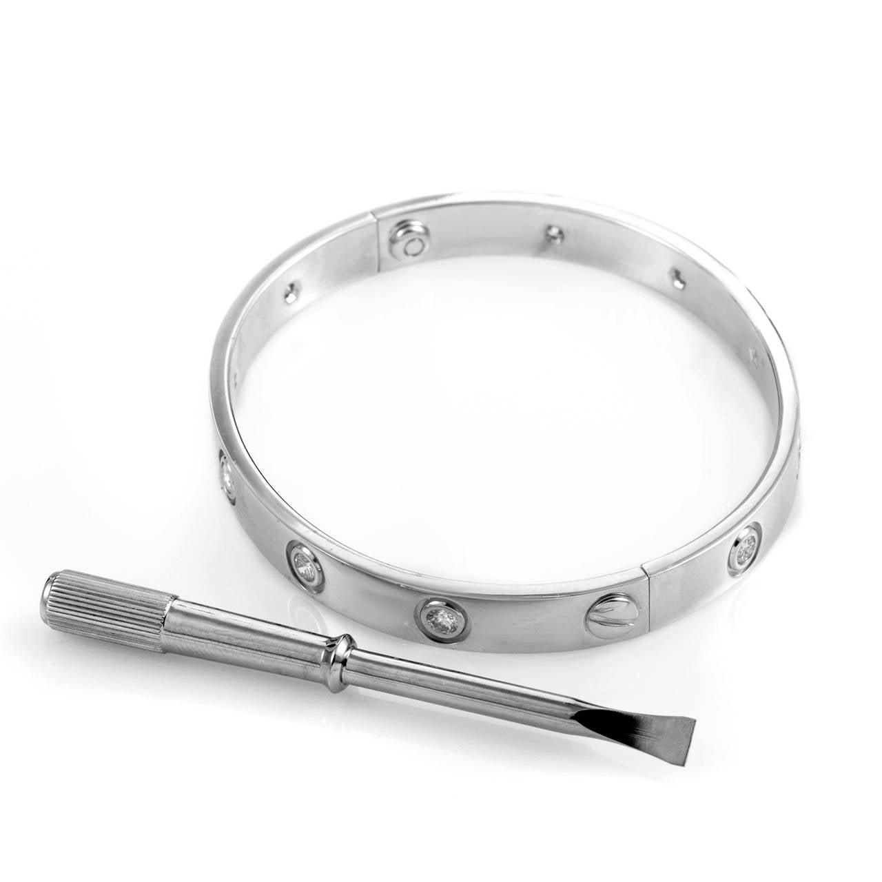 The LOVE collection from Cartier is world-renowned for its exceptional array of jewelry and this design may be one of the collection's most exceptional. This bracelet is made of 18K white gold and in place of the collection's signature screw-shaped