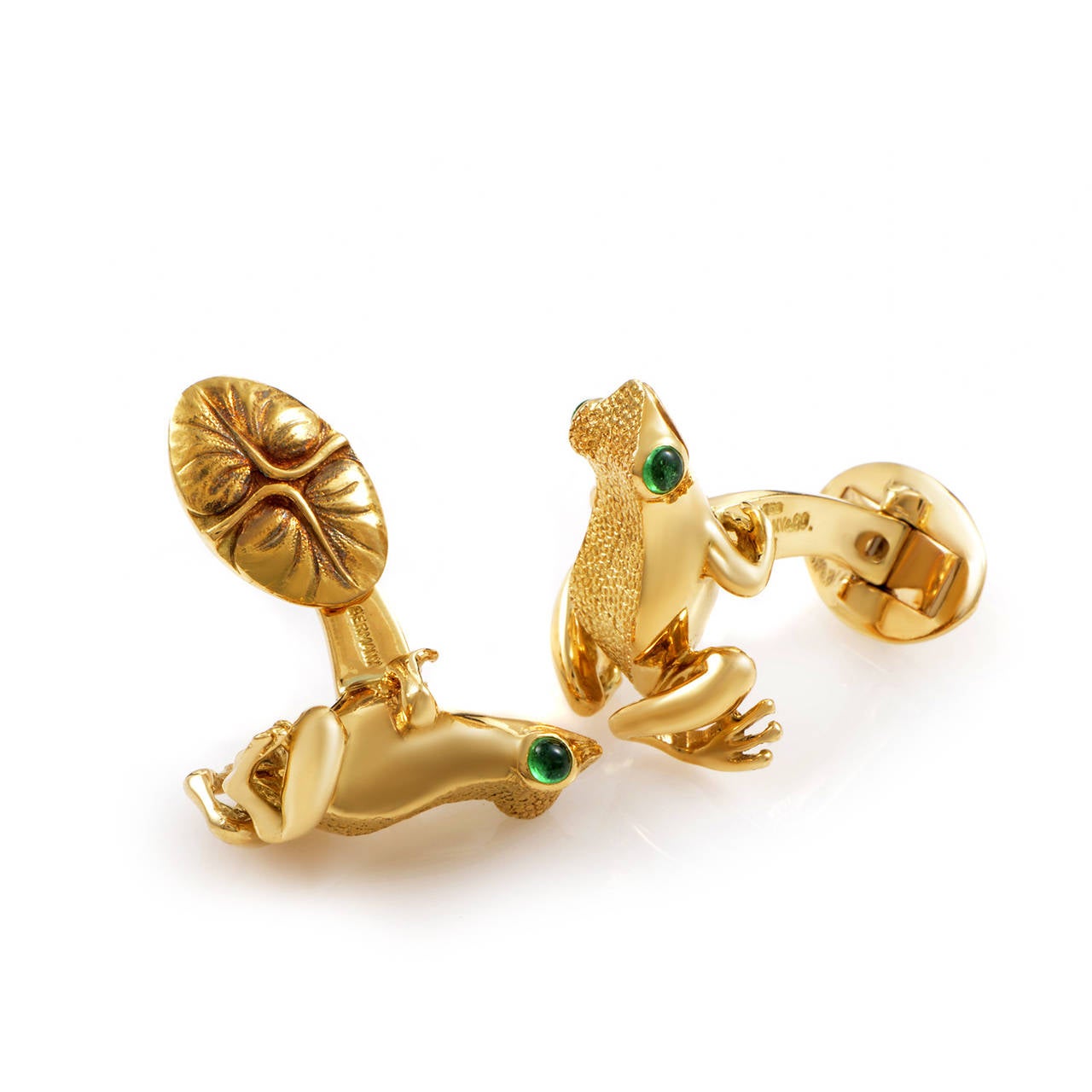 This pair of cufflinks from Tiffany & Co. have a playful design that s perfect for a man or a woman. The cufflinks are made of 18K yellow gold and depict frogs with bright green emerald eyes.