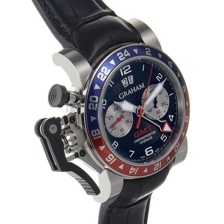 The hallmark of the great design of this subtly complicated Graham Oversize GMT Steel watch is its Pepsi-themed bezel. The black dial pairs wonderfully with the rest of the design and displays indication of the hours, minutes, and seconds. In