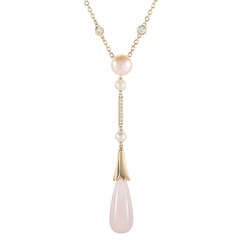 Cartier Rose Gold Rose Quartz Pearl Diamond Pendant Necklace