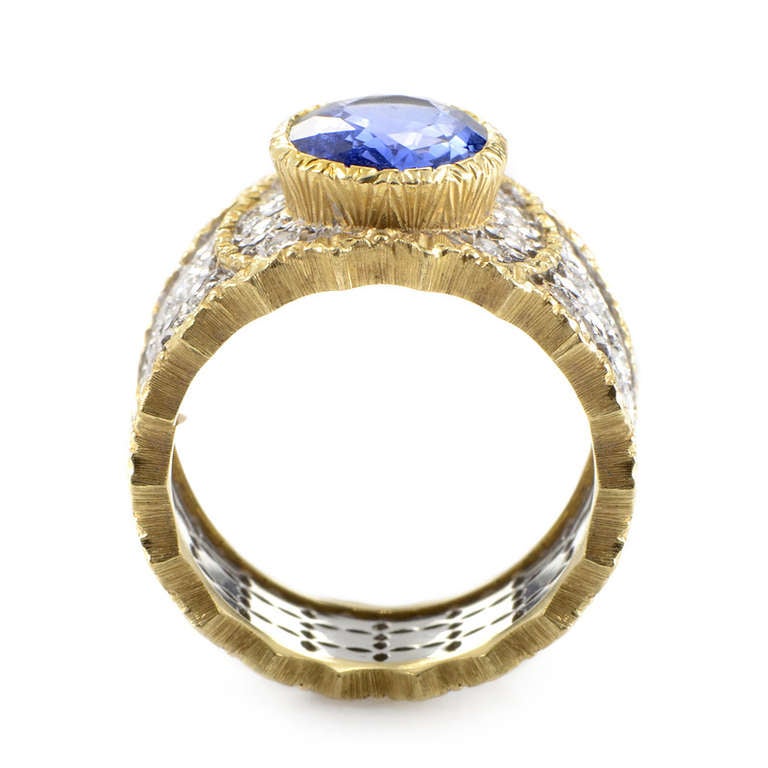 This fantastic band ring from Buccellati has an air of regality that is incomparable! The ring is made primarily of diamond-frosted white gold with yellow gold trimming. Lastly, the ring's main attraction is its ~3.50ct bezel-set sapphire.

Retail