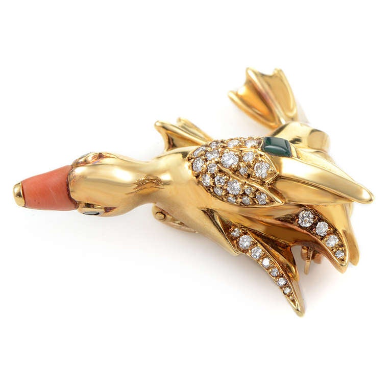 Cartier Gemstone Yellow Gold Duck Brooch In Excellent Condition In Southampton, PA