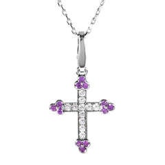 Collier pendentif croix en or blanc avec saphir rose et diamant Cartier