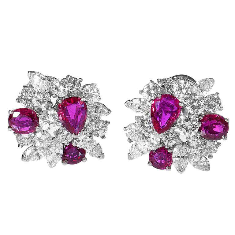 Oscar Heyman Ruby Diamond Platinum Cluster Earrings at 1stdibs
