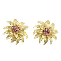 Vintage Tiffany & Co. Ruby Yellow Gold Flower Earrings