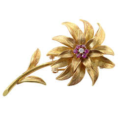 Tiffany & Co. Ruby Diamond Yellow Gold Flower Brooch
