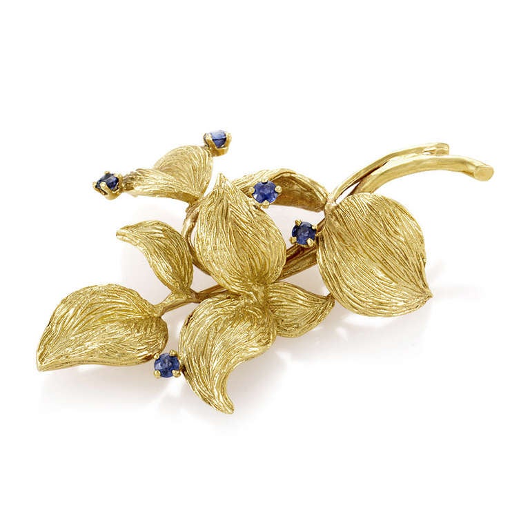 This vintage brooch from Tiffany & Co. has a distinctive design that is sure to take your breath away. The brooch is made of carved 18K yellow gold and is studded with ~.40ct of sapphires.