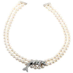Cartier Double Strand Pearl Diamond White Gold Dolphin Necklace