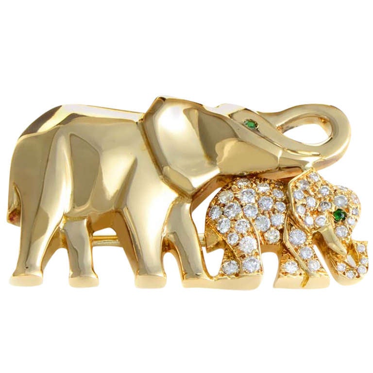 Cartier Diamond Yellow Gold Elephants Brooch