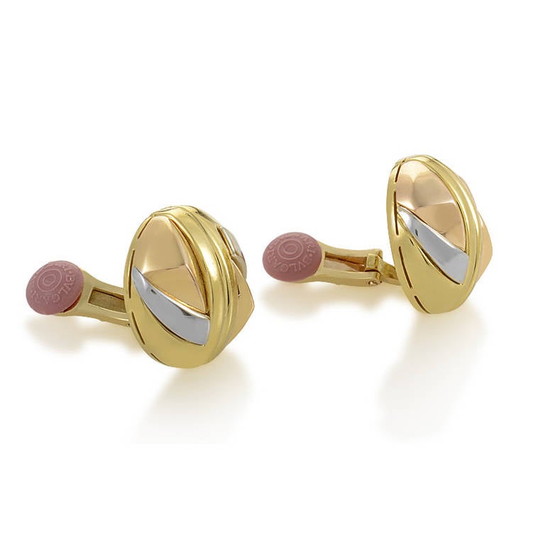 The pretty pairing of three shades of gold found in the design of this pair of earrings from Bulgari is absolutely stunning! The earrings are in the clip-on style and are comprised of 18K yellow, white, and rose gold.