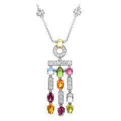 Bulgari Color Three Row Gemstone Diamond White Gold Pendant Necklace