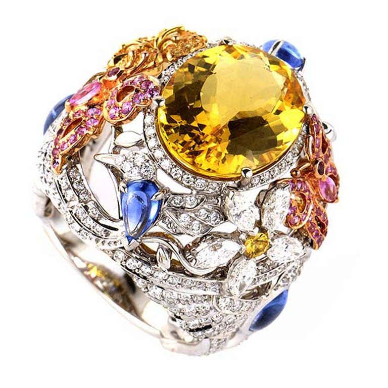 Garrard Multi Tone Gold Yellow Citrine and Sapphire Flower Ring at ...