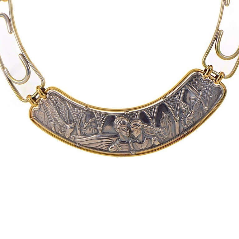 What can be more romantic than wearing a modern cuff necklace from Carrera y Carrera with the most famous of all lovers in gorgeous 18K yellow gold & silver - Romeo & Juliet? The center link is beautifully detailed & is surrounded by open links of