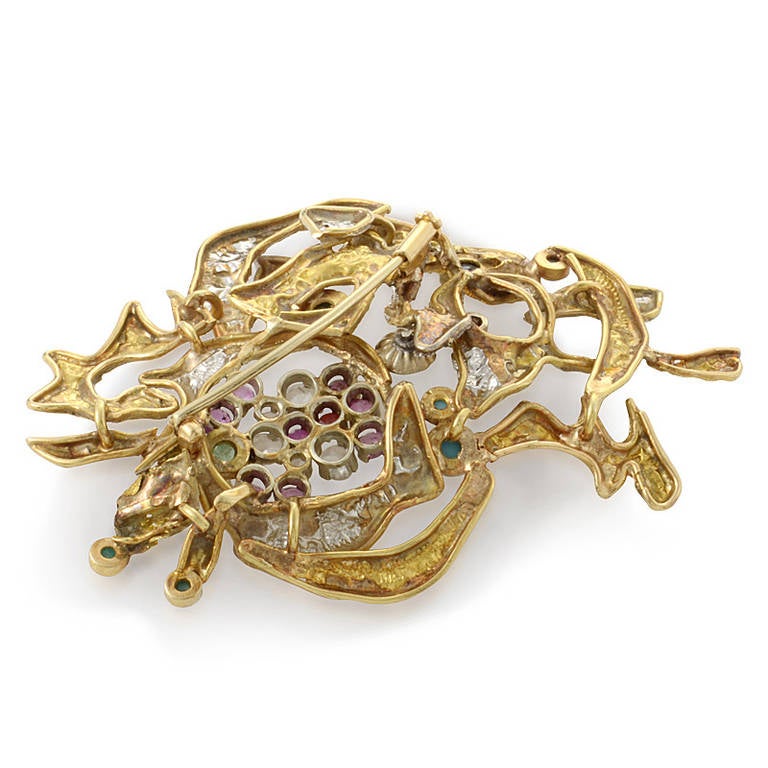 Gemstone Diamond White and Yellow Gold Brooch In Excellent Condition In Southampton, PA