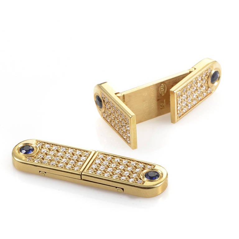 Boucheron Sapphire Diamond Pave Yellow Gold Cufflinks