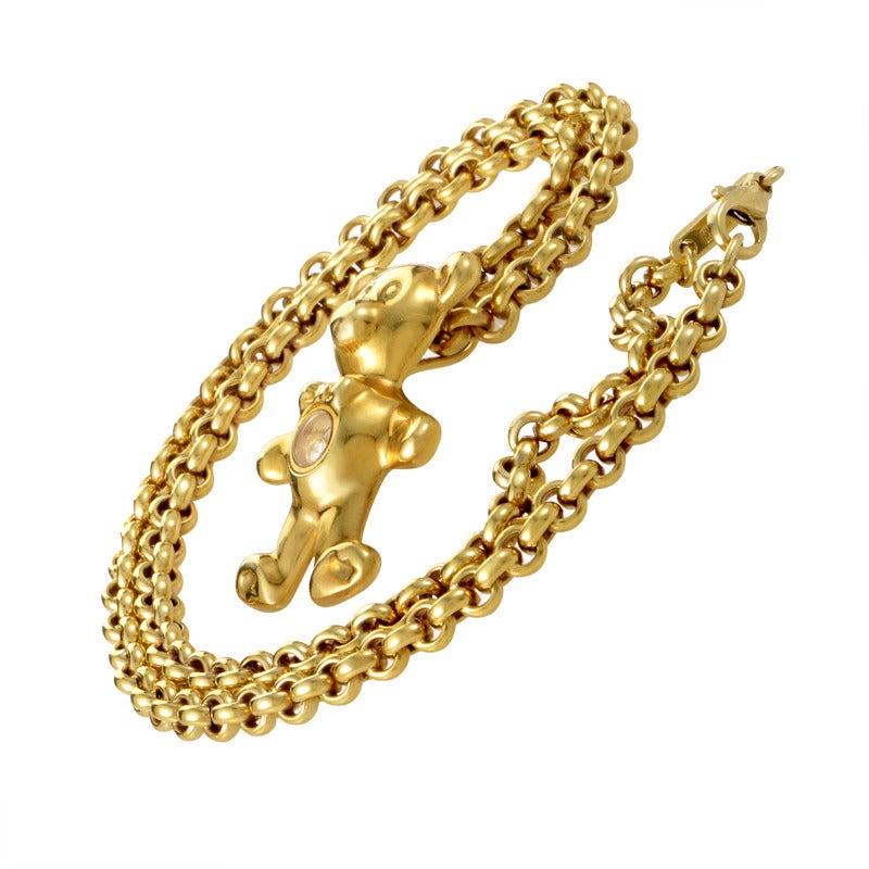 This adorable Chopard design is sure to steal your heart. The necklace is made of 18K yellow gold and boasts a pendant made of the same material. The pendant is shaped like a sweet teddy bear and boasts a display window in its stomach which shows a