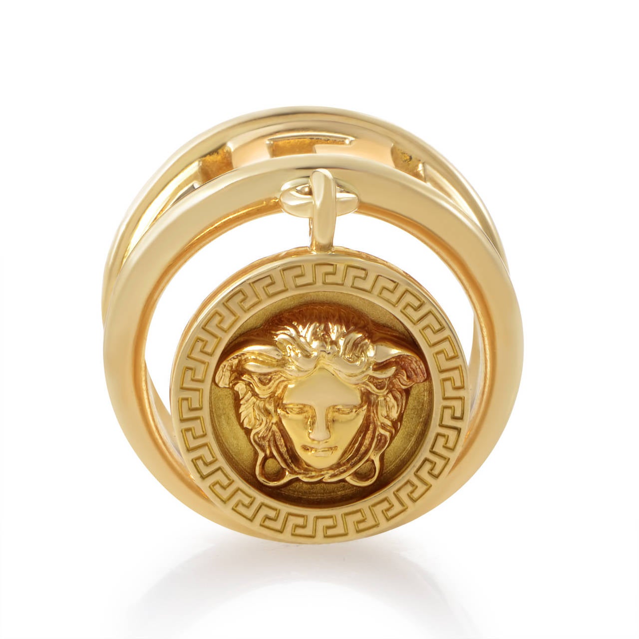The Versace Medusa head is a symbol of status and across the world. This dazzling ring displays the renowned motif from a charm that dangles from its 18K yellow gold body.

Ring Size: 6.0 (51 1/2)
