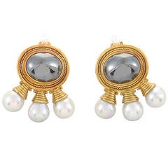 Elizabeth Gage Hematite Pearl Gold Earrings