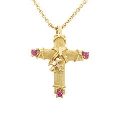 Vintage Tiffany & Co. Schlumberger Ruby Yellow Gold Cross Pendant Necklace