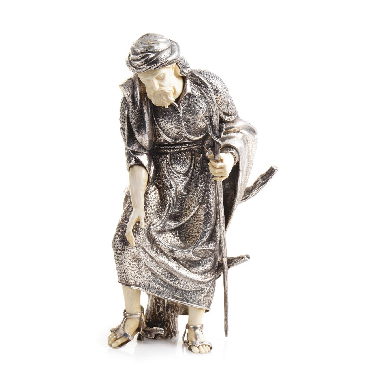 This statue set created by Spanish artist Shamish is perfect for your holiday Nativity scene. The set is made of sterling silver and boasts a figurine of Joseph with a walking staff, Mary with baby Jesus, The angel Gabriel, and a tree.