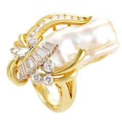 Vintage Baroque Pearl Diamond Gold Cluster Ring