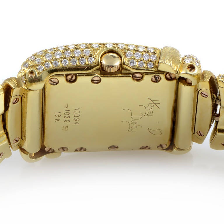 18K yellow gold quartz wristwatch partially set with ~12ct of diamonds. Displays hours and minutes on a diamond paved dial. Yellow gold bracelet also set with diamonds and fastens with deployment clasp.
Reference Number:10094-1026