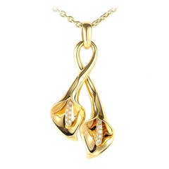 Asprey Large Diamond Yellow Gold Double Calla Lily Pendant Necklace