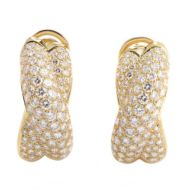 Cartier Yellow Gold Diamond Pave Crisscross Huggie Earrings