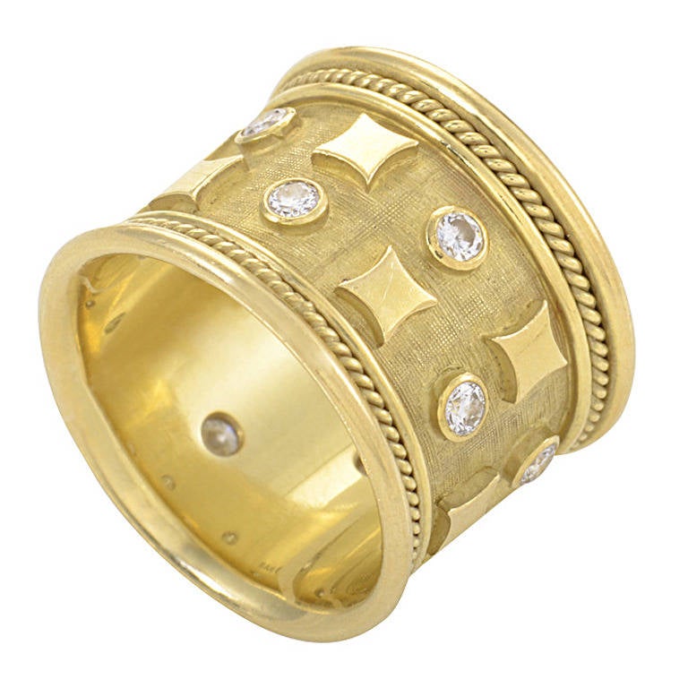 Elizabeth Gage Diamond Wide Gold Band Ring at 1stDibs