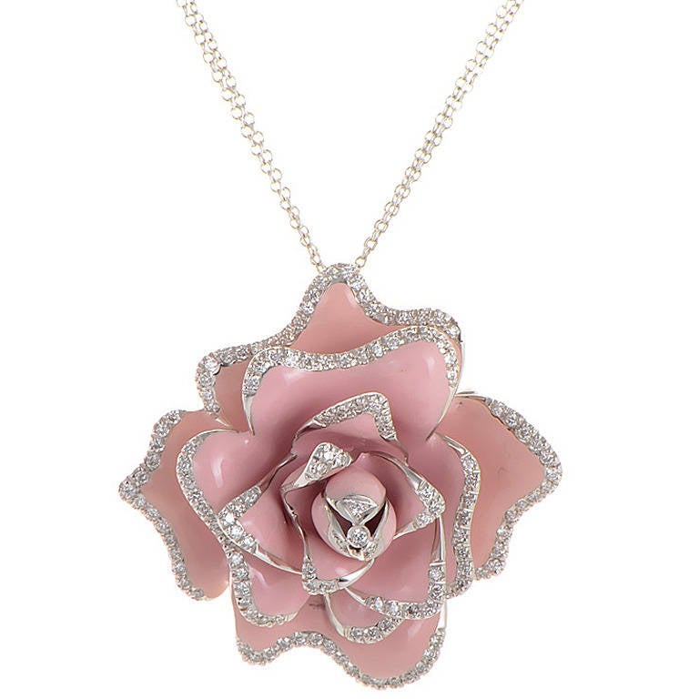 Roberto Coin Diamond Gold Pink Rose Brooch Pendant Necklace