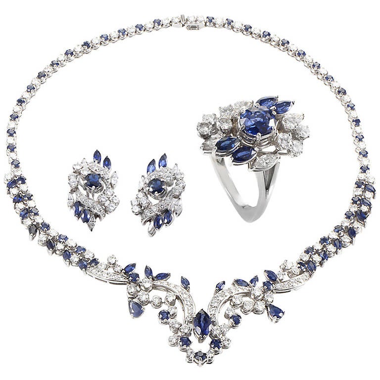 Sapphire Diamond White Gold Jewelry Set