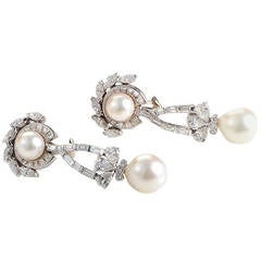 Vintage Pearl Diamond Platinum Drop Earrings