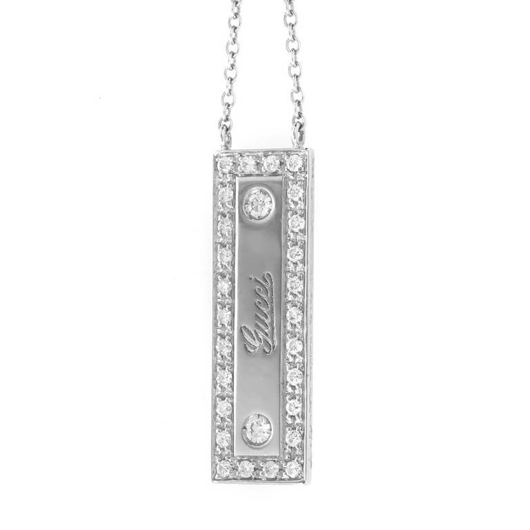 Gucci Diamond White Gold Signature Pendant Necklace In Excellent Condition In Southampton, PA