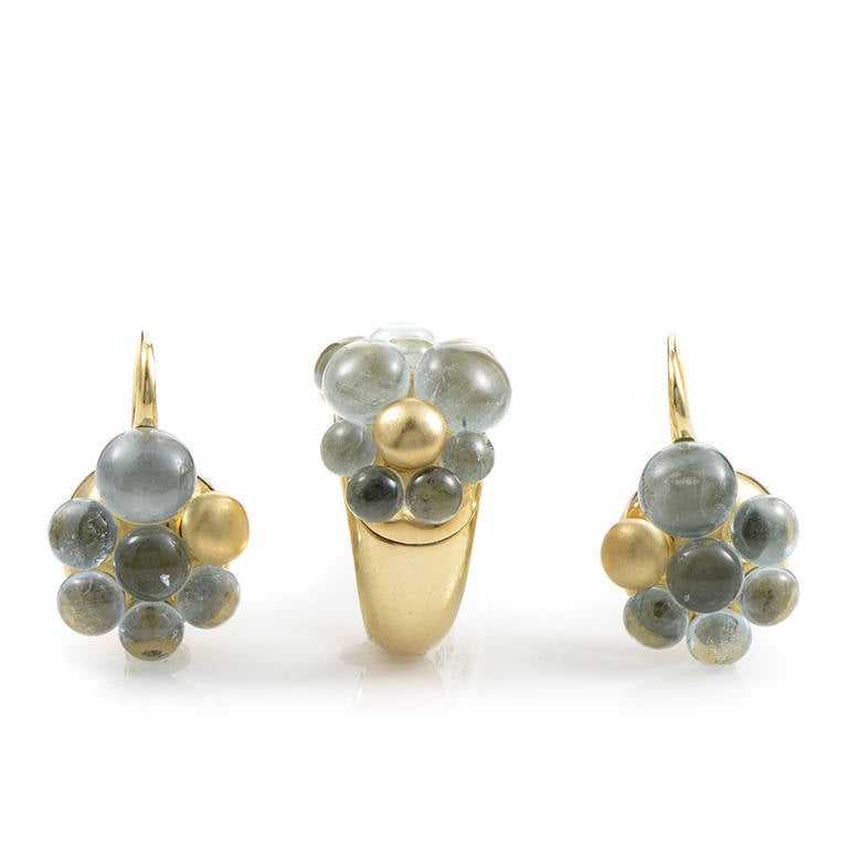 Pomellato Aquamarine Yellow Gold Cluster Ring and Earring Set