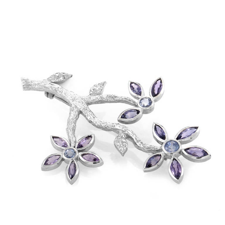 This ultra-feminine brooch from Cathy Waterman has a distinctive design that is sure to take your breath away. The brooch is made of platinum and features floral motifs comprised of amethyst and tanzanite stones. Lastly, the brooch is also accented