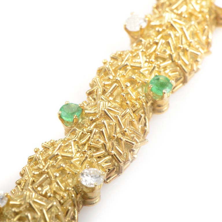 Retro Emerald Diamond Gold Bracelet In Excellent Condition In Southampton, PA