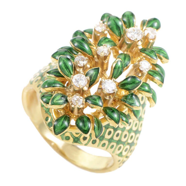 Green Enamel Diamond Yellow Gold Ring