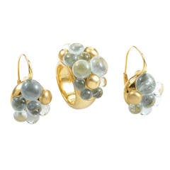 Pomellato Aquamarine Yellow Gold Cluster Ring and Earring Set