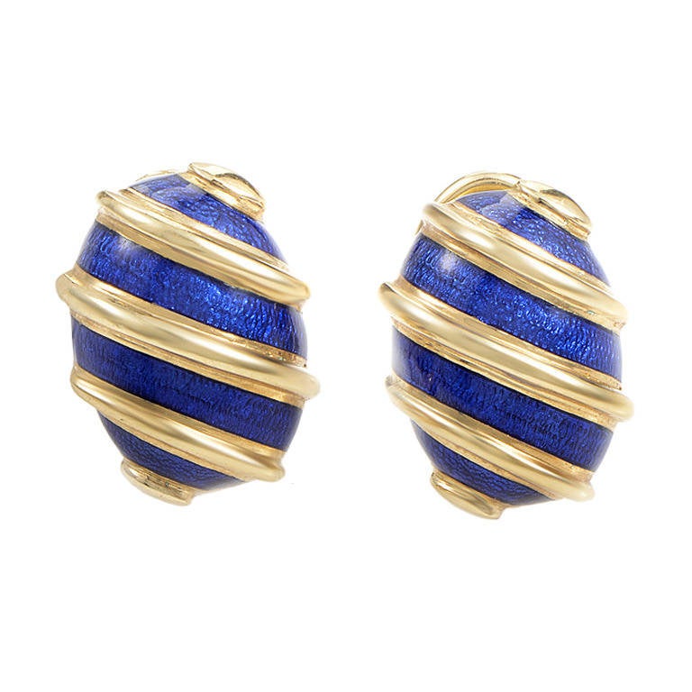Tiffany & Co. Schlumberger Yellow Gold Blue Enamel Banana Earrings