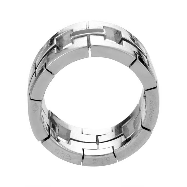 The Tank Francaise collection from Cartier is world-renowned for its exceptional array of jewelry. This ring from the collection is made of 18K white gold and boasts the collection's signature design accented with black enamel.
Ring Size: 8.25 (57