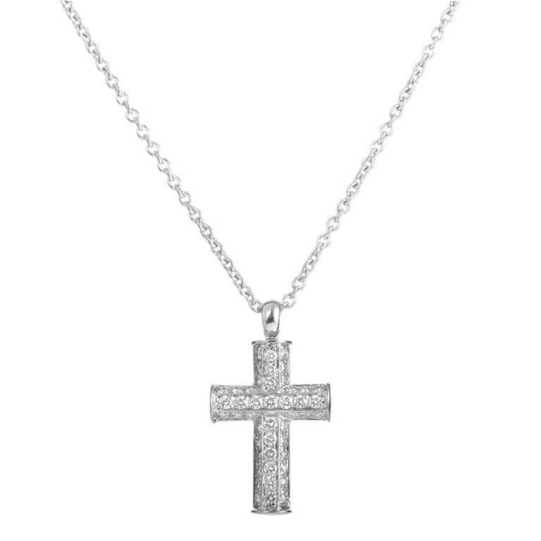 Bulgari Diamond Pave White Gold Cross Pendant Necklace