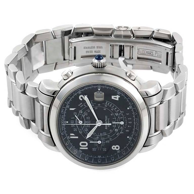 Stainless steel wristwatch that displays hours, minutes, seconds, date, chronograph, and a tachymeter scale on a black dial. The stainless steel bracelet and deployment clasp pair perfect with the model's overall design.
Original Retail Price: