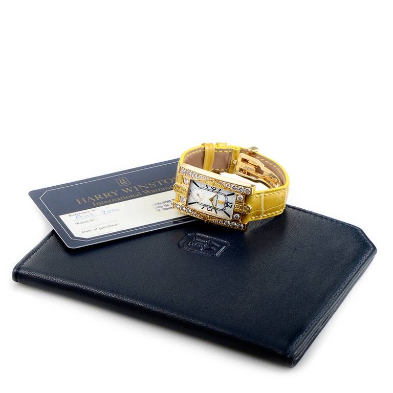 Harry Winston Ladies Yellow Gold White and Yellow Diamond Avenue C Wristwatch In Excellent Condition In Southampton, PA