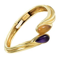 Vintage Gucci Amethyst and Citrine Cabochon Yellow Gold Bangle