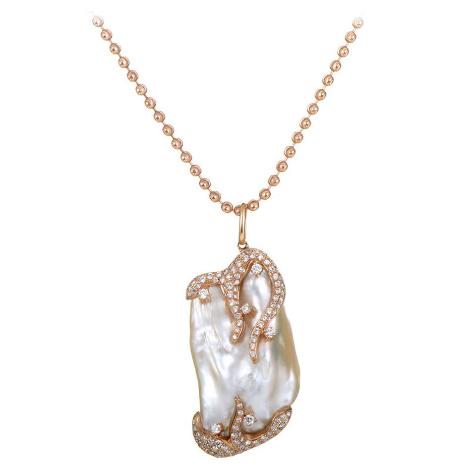 Baroque Pearl Diamond Rose Gold Pendant Necklace at 1stDibs