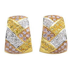 Fancy Color and White Diamond Pave Tri-Gold Huggie Earrings