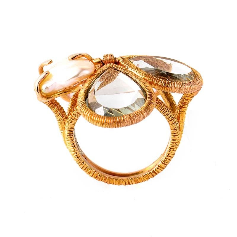 This ring from LeaderLine is colorful and fun. It is made of 18K rose gold and features multi-colored quartz stones accented with a lovely baroque pearl.
Retail Price: $3,600.00 (Plus Tax)
Ring Size: 6.0 (51 1/2)