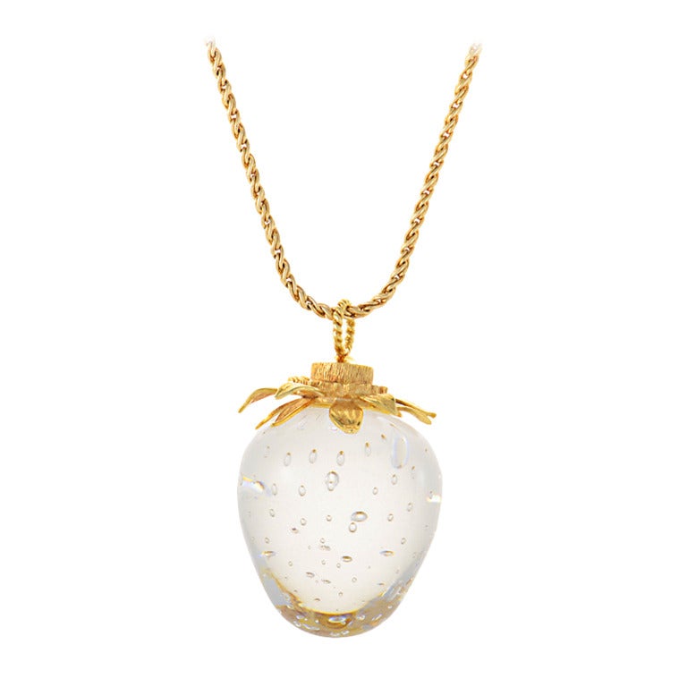 Steuben Lead Crystal Yellow Gold Strawberry Pendant Necklace